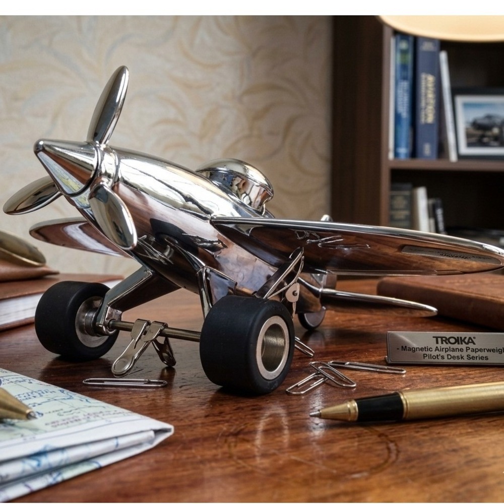 TROIKA Germany Polished Metal Airplane Magnetic Paperweight / Desk Decor